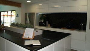 A modern kitchen with a black countertop, stainless steel appliances, and a potted plant.