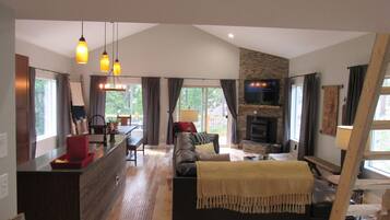 TV, fireplace, DVD player, books