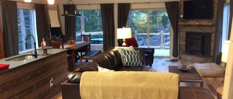 TV, fireplace, DVD player, books