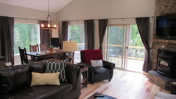 Télévision, cheminée, lecteur de DVD, livres