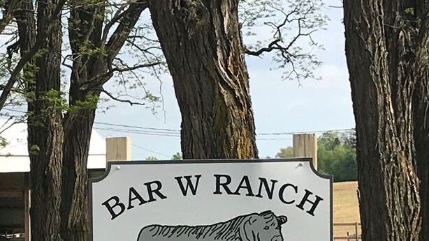 A sign for Bar W Ranch with a drawing of a cow.