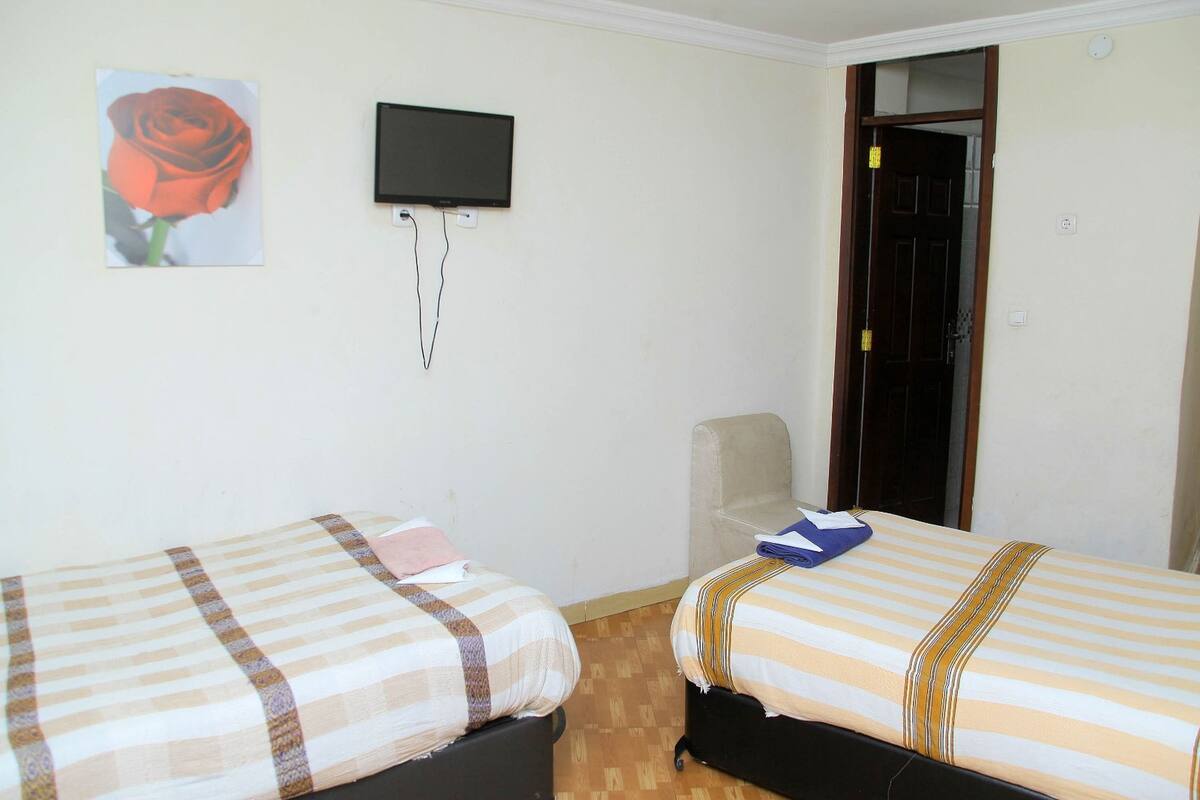 A room with two beds, a television, and a door.