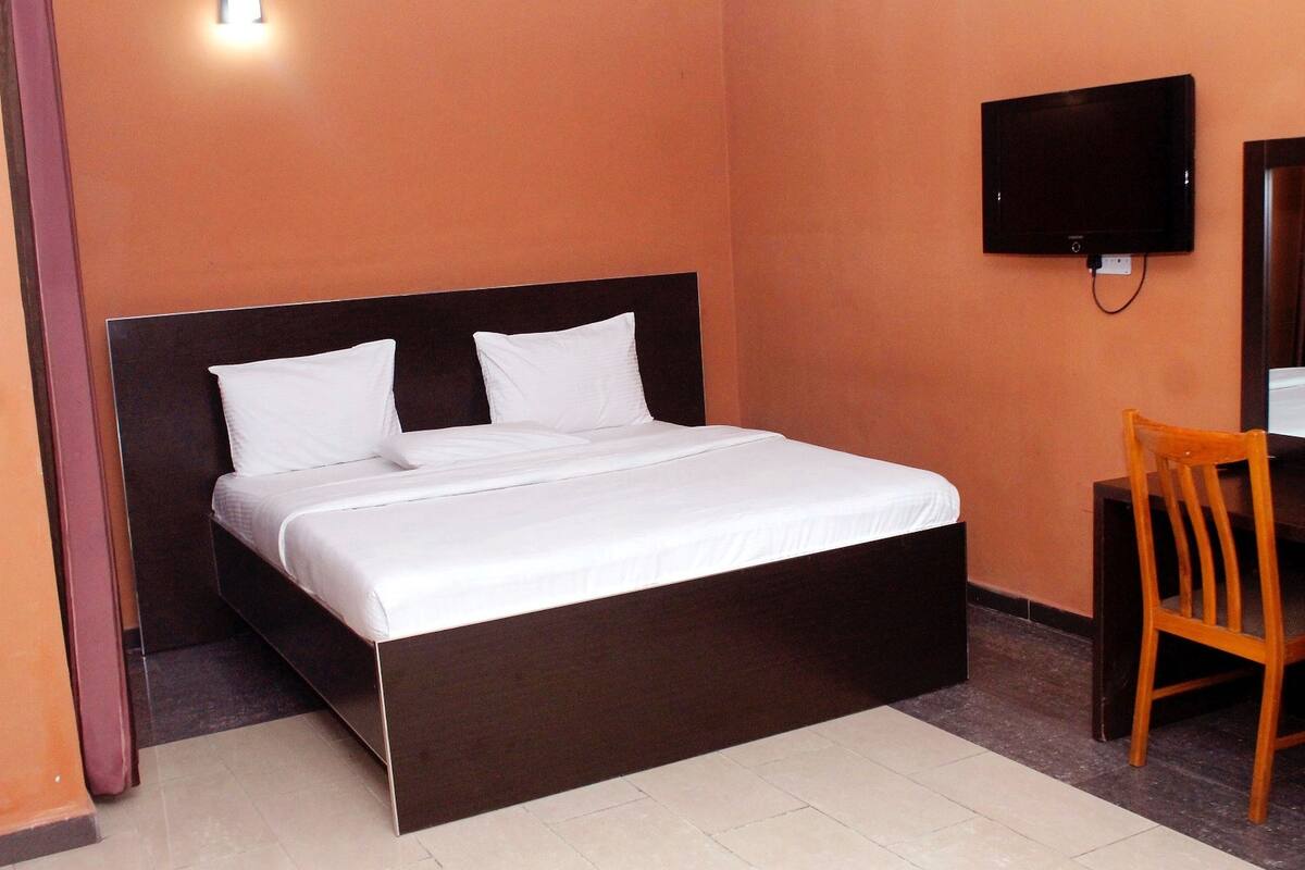 A single bed with a dark headboard, a flat-screen TV mounted on the wall, and a wooden chair.