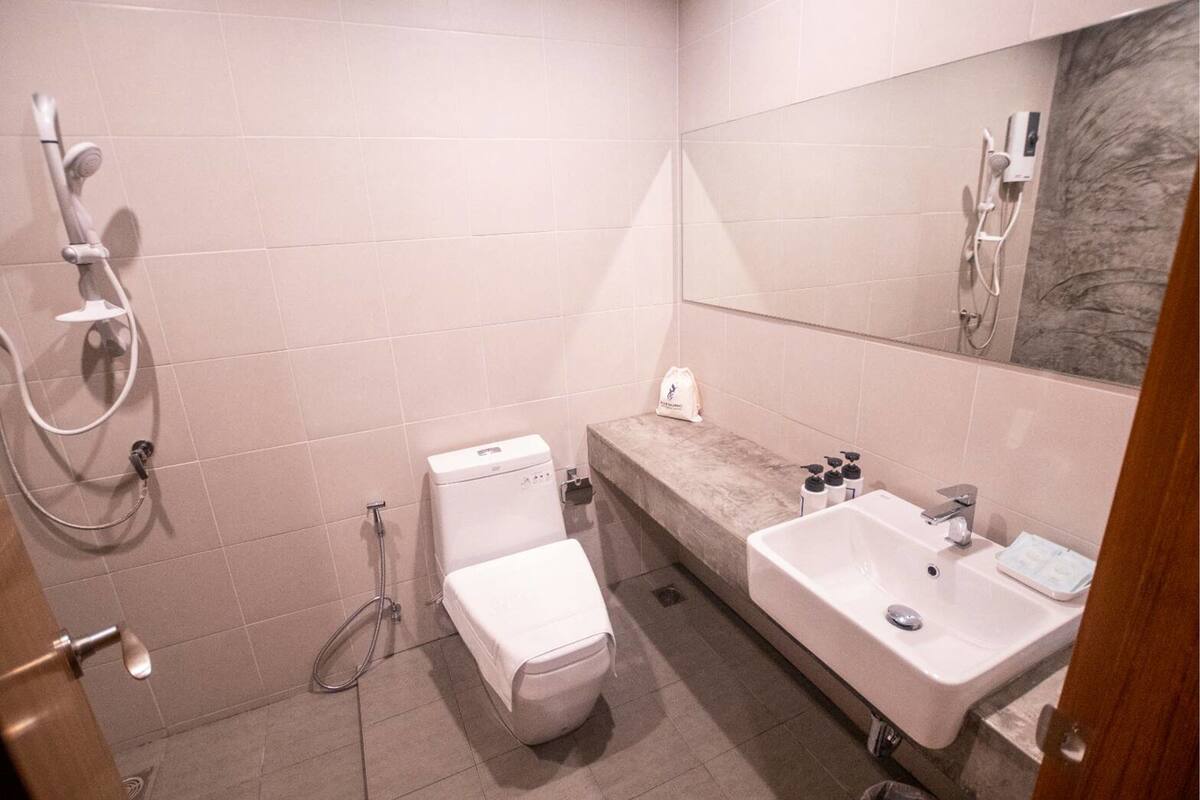 shower, free toiletries, hair dryer, towels