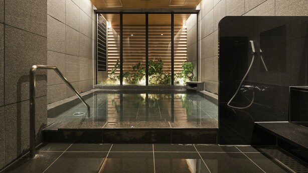 Un espace piscine intérieur moderne, doté d’une paroi en verre, d’une douche et offrant une vue sur la verdure grâce aux murs de verre.