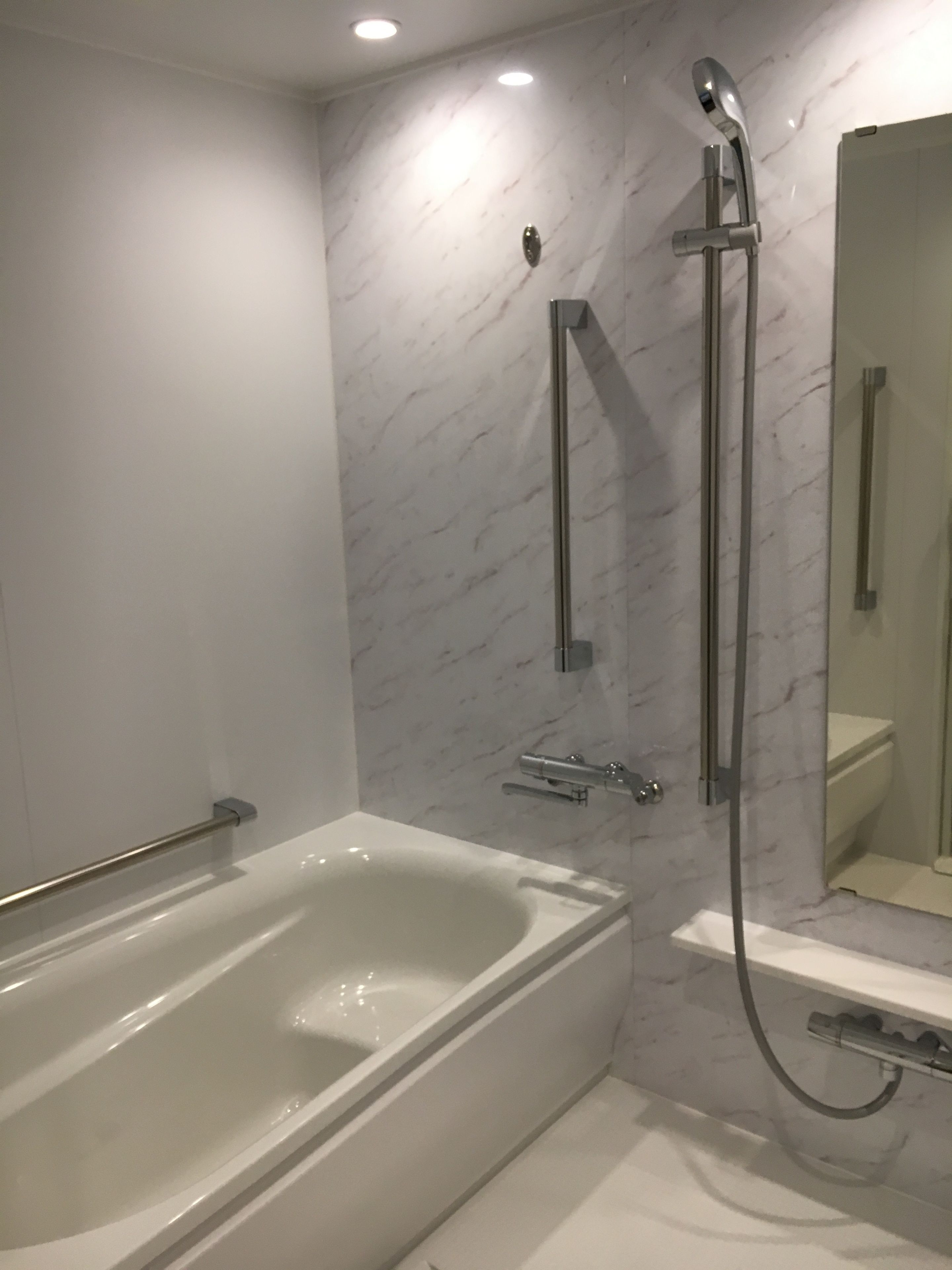 Un baño moderno con bañera, ducha e inodoro.
