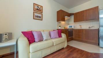 A compact living space with a sofa, kitchenette, and wooden flooring.