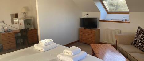 A hotel room with a bed, a desk, a television, a sofa, and a window with a view.