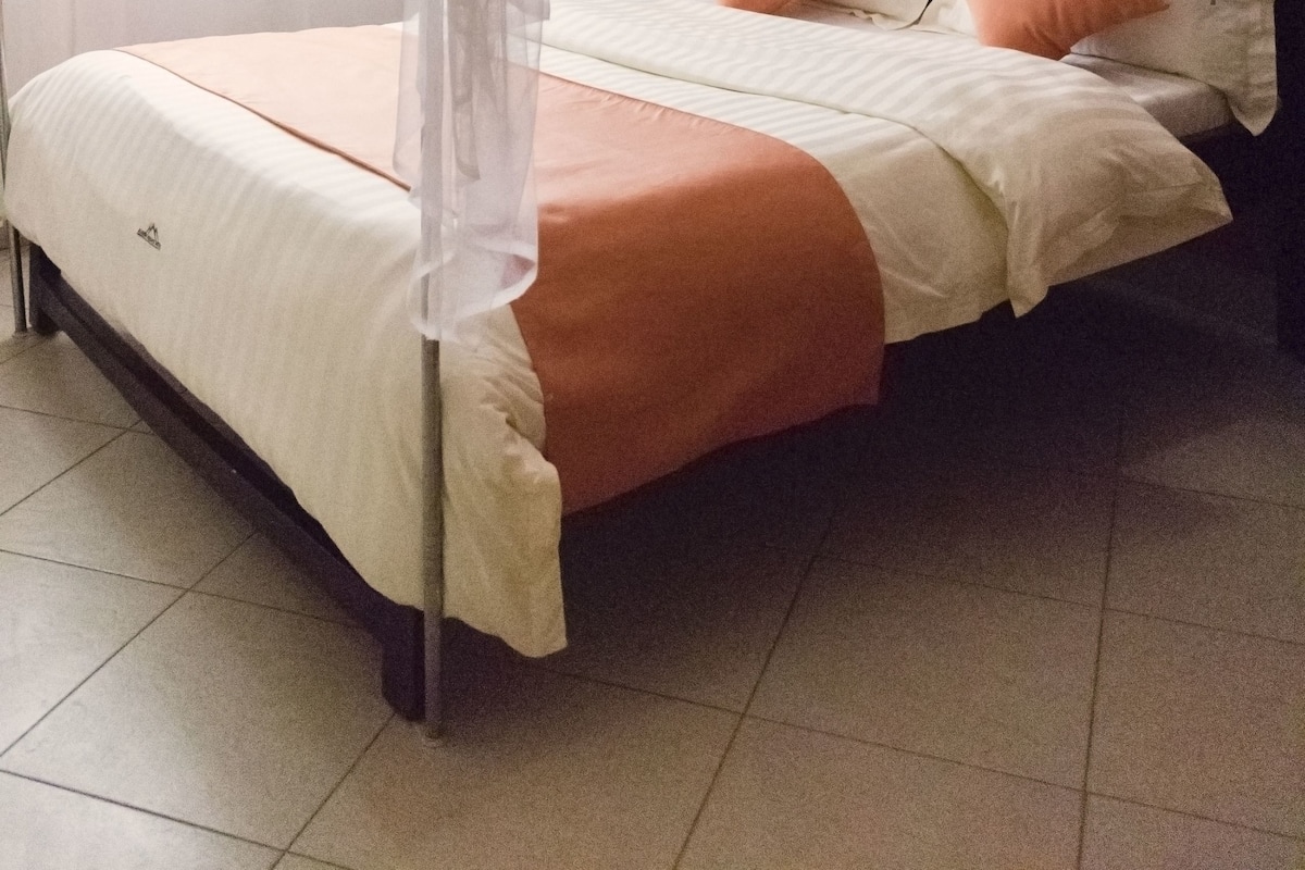 A bed with a canopy, pillows, and a bedside table.