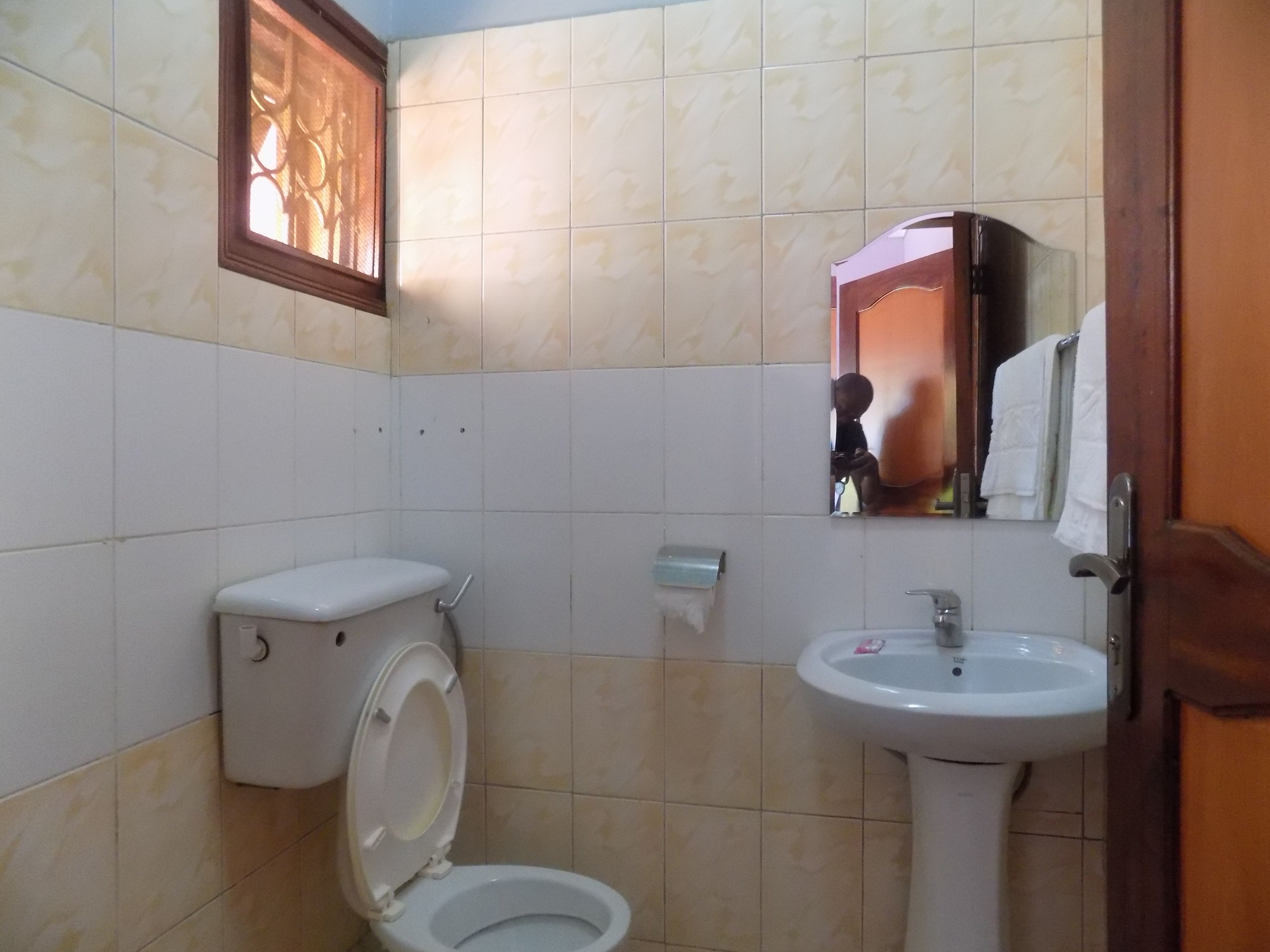 A bathroom with a toilet, sink, and mirror.