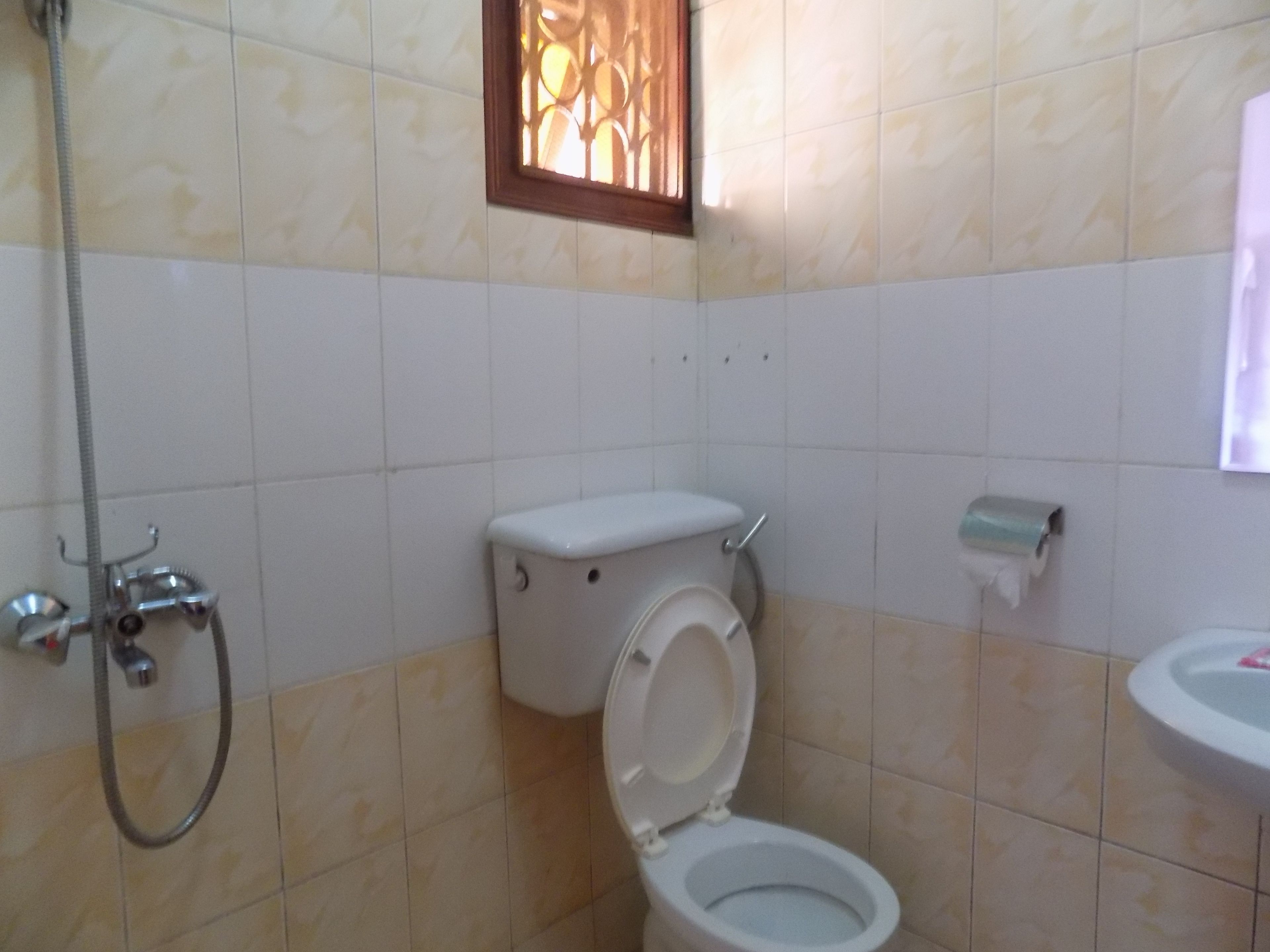 Un baño con inodoro, ducha y lavamanos.