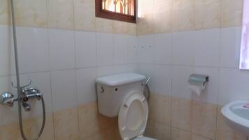 Un baño con inodoro, ducha y lavamanos.