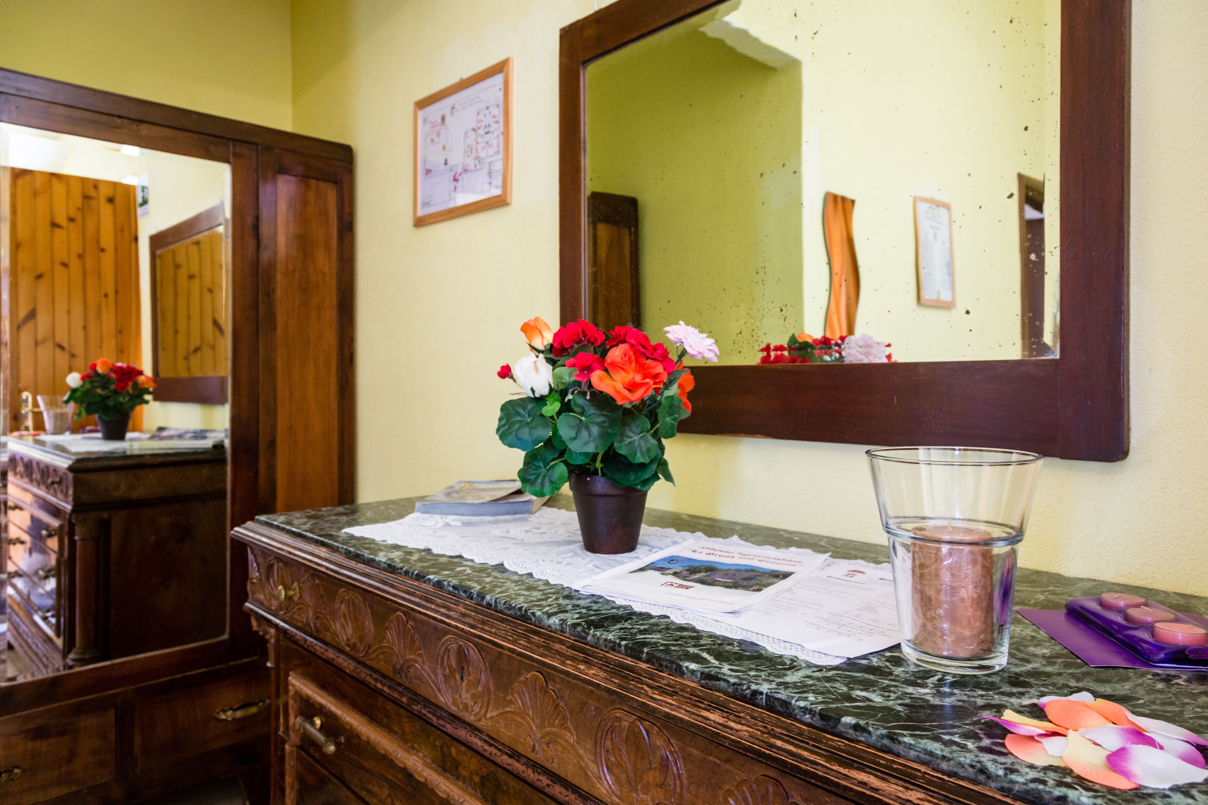 A bathroom with a wooden vanity, a mirror, a potted plant, and a glass of water on the counter.