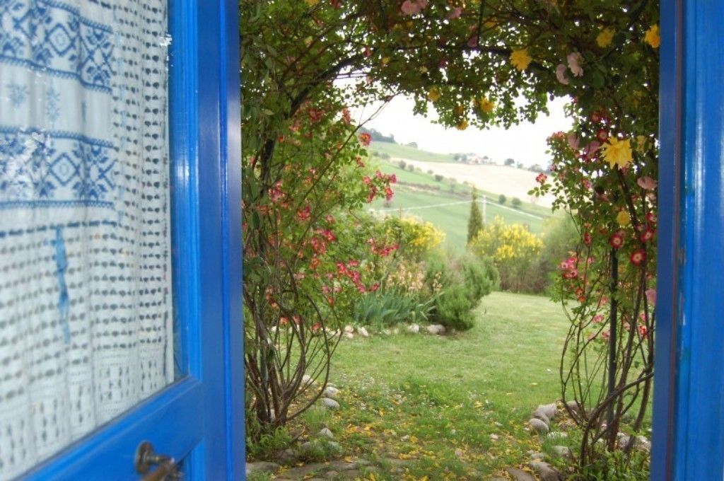 A blue door leading to a garden with a view of a rural landscape.