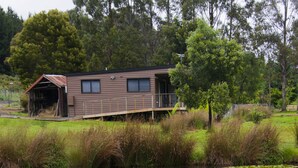 A house with a wooden exterior, a covered porch, and a pond with lily pads and water lilies in the foreground. - Tyenna River Cottage (Tyenna)