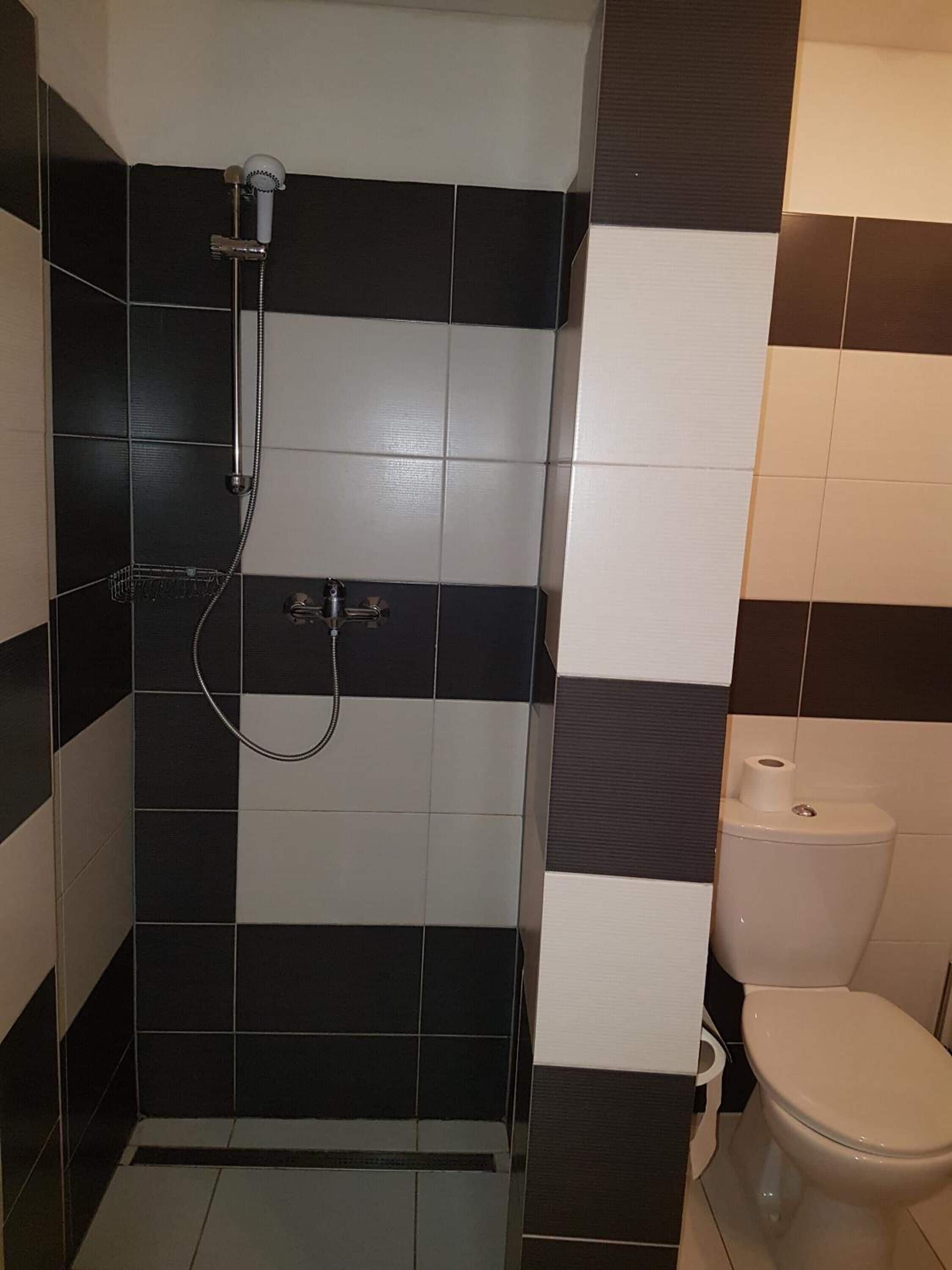 A bathroom with black and white tiles, a shower, and a toilet.