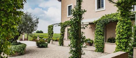 A building with a gravel courtyard, surrounded by greenery and a vineyard in the background.