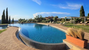 Seasonal outdoor pool, an infinity pool, free cabanas, pool umbrellas