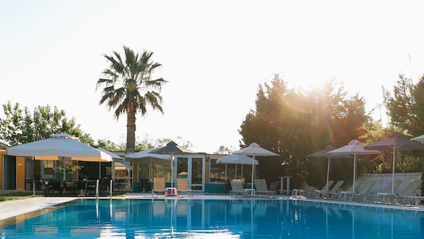 A clear blue pool with lounge chairs and umbrellas, surrounded by trees and a palm tree. - Sausan Hotel (Corfu)