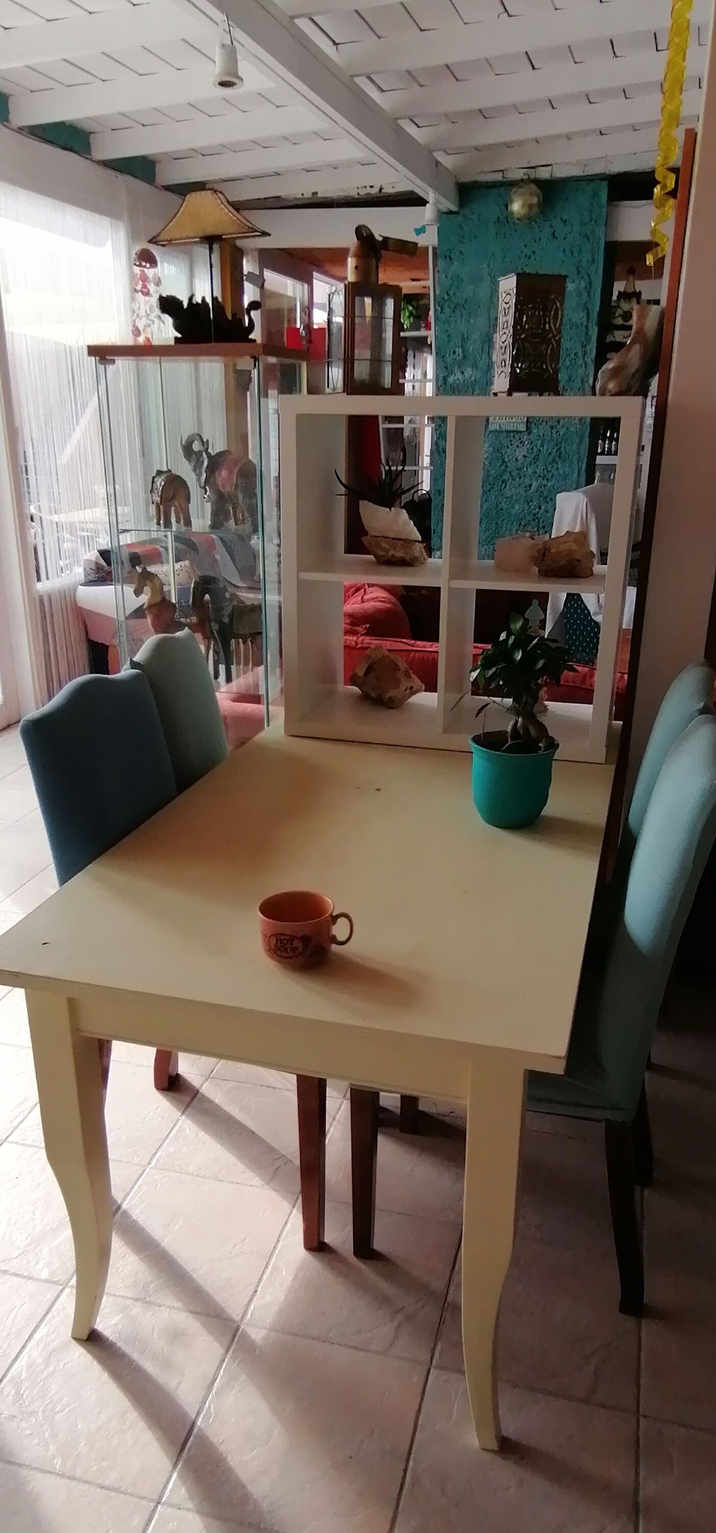 Un comedor con una mesa, sillas, una planta en maceta y una estantería con adornos.