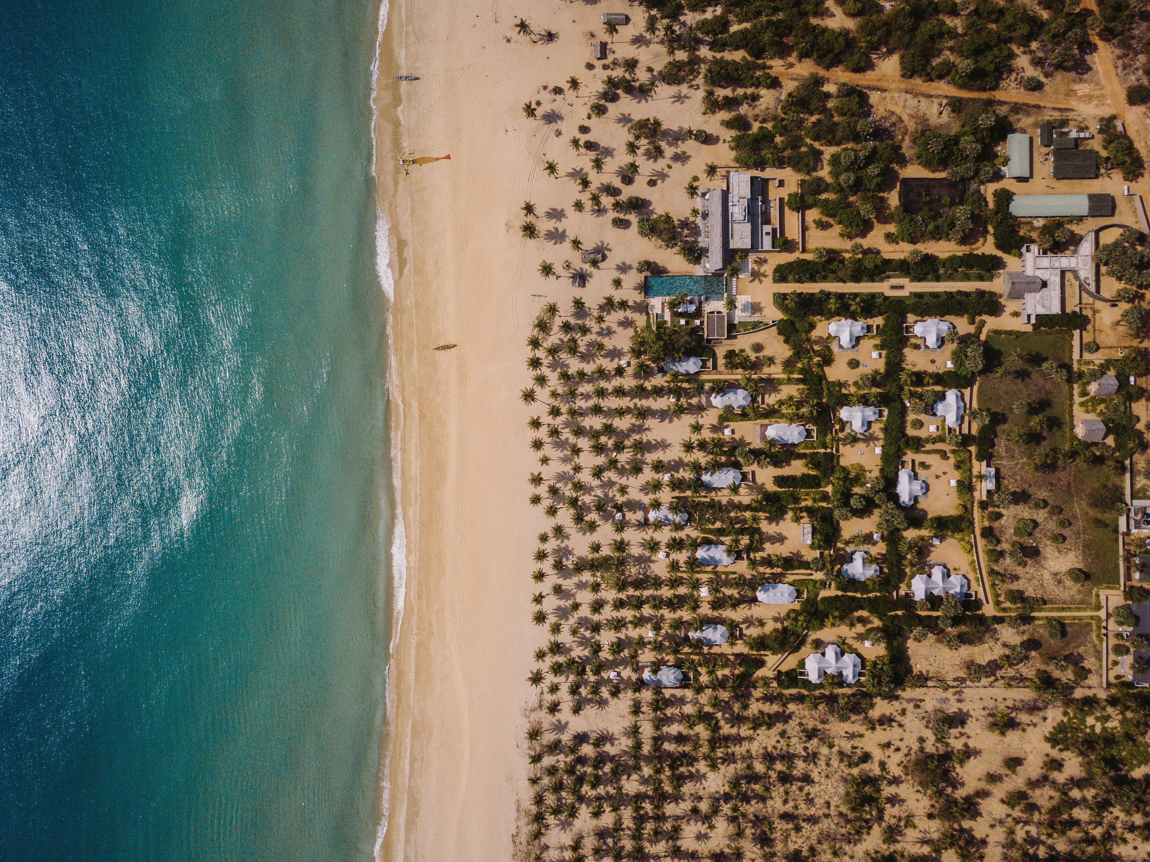 Vista aérea de un complejo turístico en la playa con varias cabañas, una piscina y palmeras.