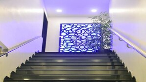 A staircase with a decorative panel and a potted plant. - Room Maangta 136 - CST (Mumbai)