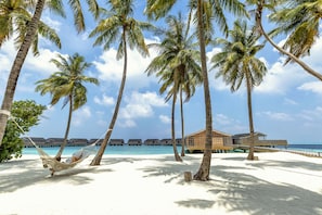 On the beach, white sand, sun loungers, beach umbrellas