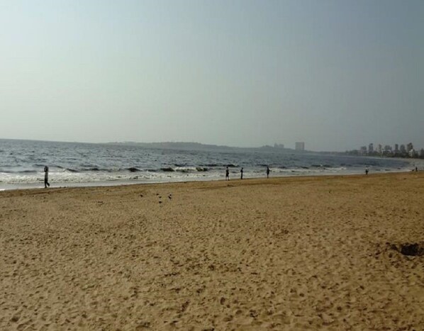 Une plage de sable avec l’océan en arrière-plan.