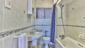 Combined shower/tub, deep soaking tub, soap, shampoo