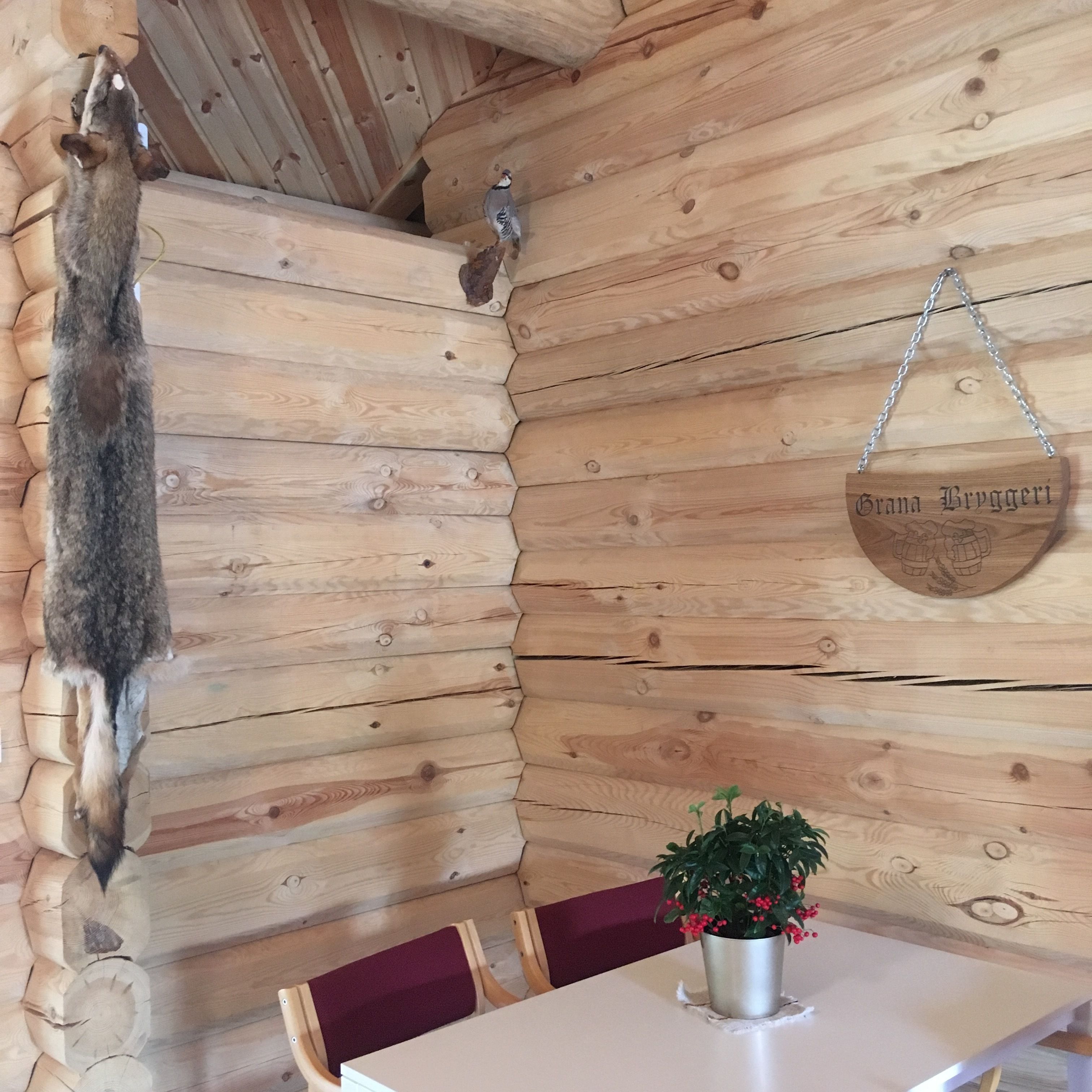 Interior de una cabaña de madera con una mesa de comedor, sillas, un letrero colgante y una cabeza de animal montada.