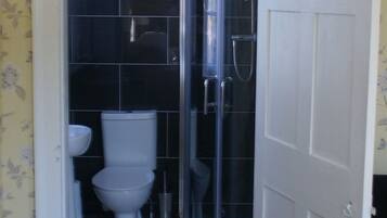 A bathroom with a toilet, sink, and shower enclosure.