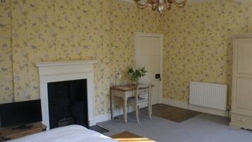 A bedroom with a bed, a fireplace, a table with a plant, and a radiator.