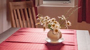 Une pièce avec une fenêtre donnant sur les montagnes, une chaise en bois, une table recouverte d’une nappe rouge et un vase rempli de fleurs.