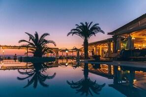 Outdoor pool, pool umbrellas, pool loungers