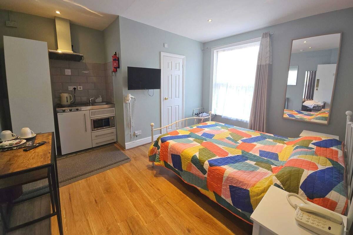 A compact room with a bed, a small kitchenette, a TV, and a mirror.