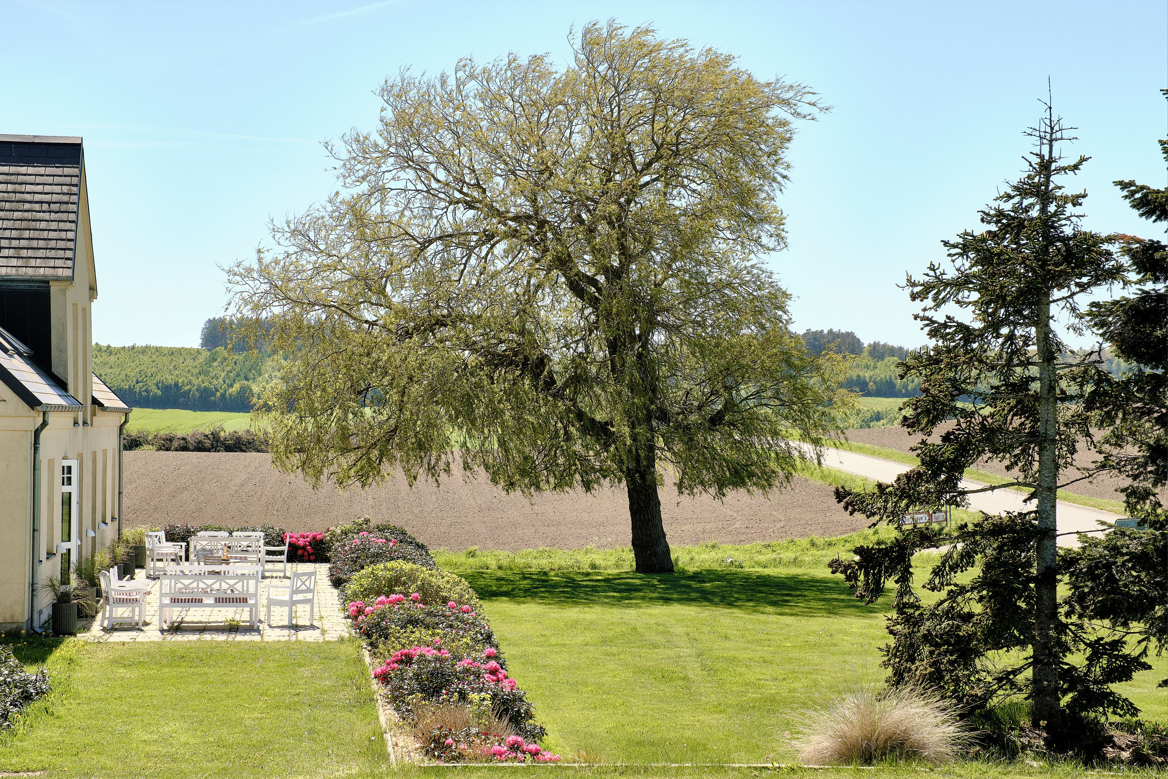 Una casa con patio, un árbol grande y vistas del paisaje circundante.
