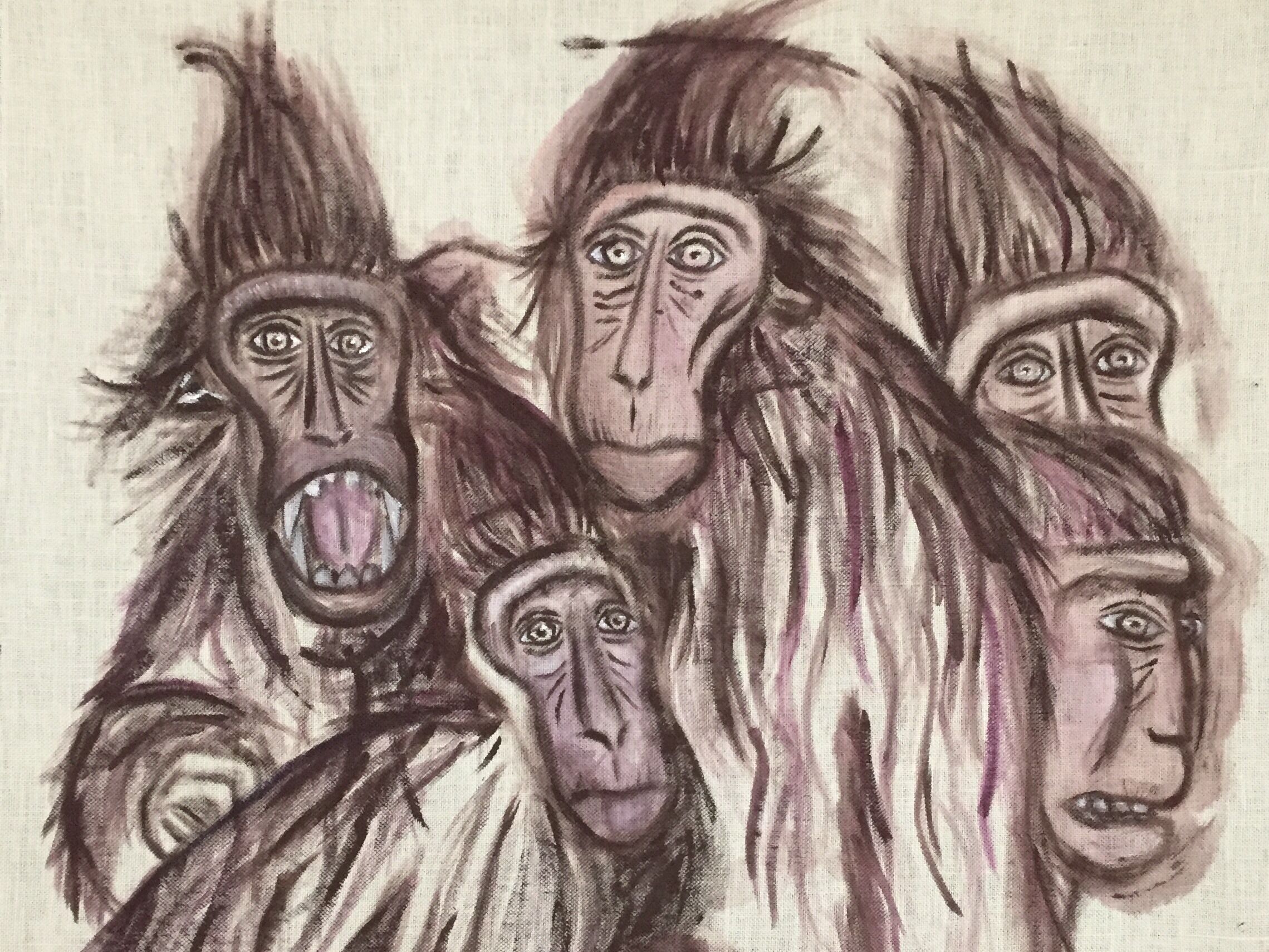 Un disegno che raffigura quattro figure con espressioni facciali accentuate e lunghi capelli.