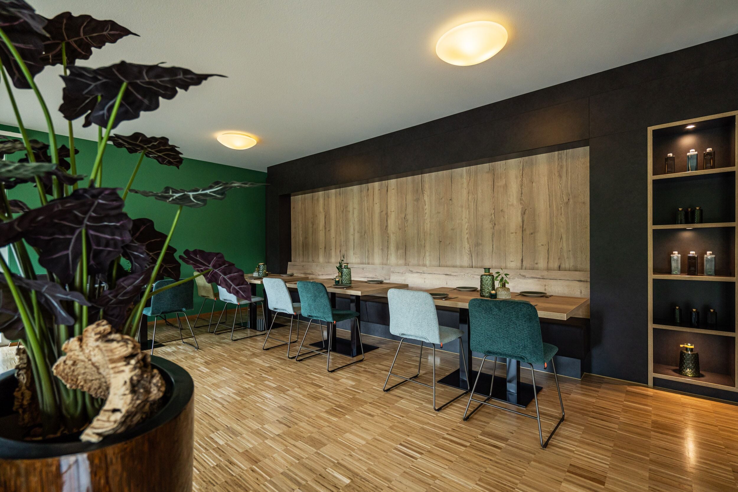 Un comedor moderno con mesas y sillas de madera, un gran muro decorativo de madera y una planta en maceta con hojas oscuras.