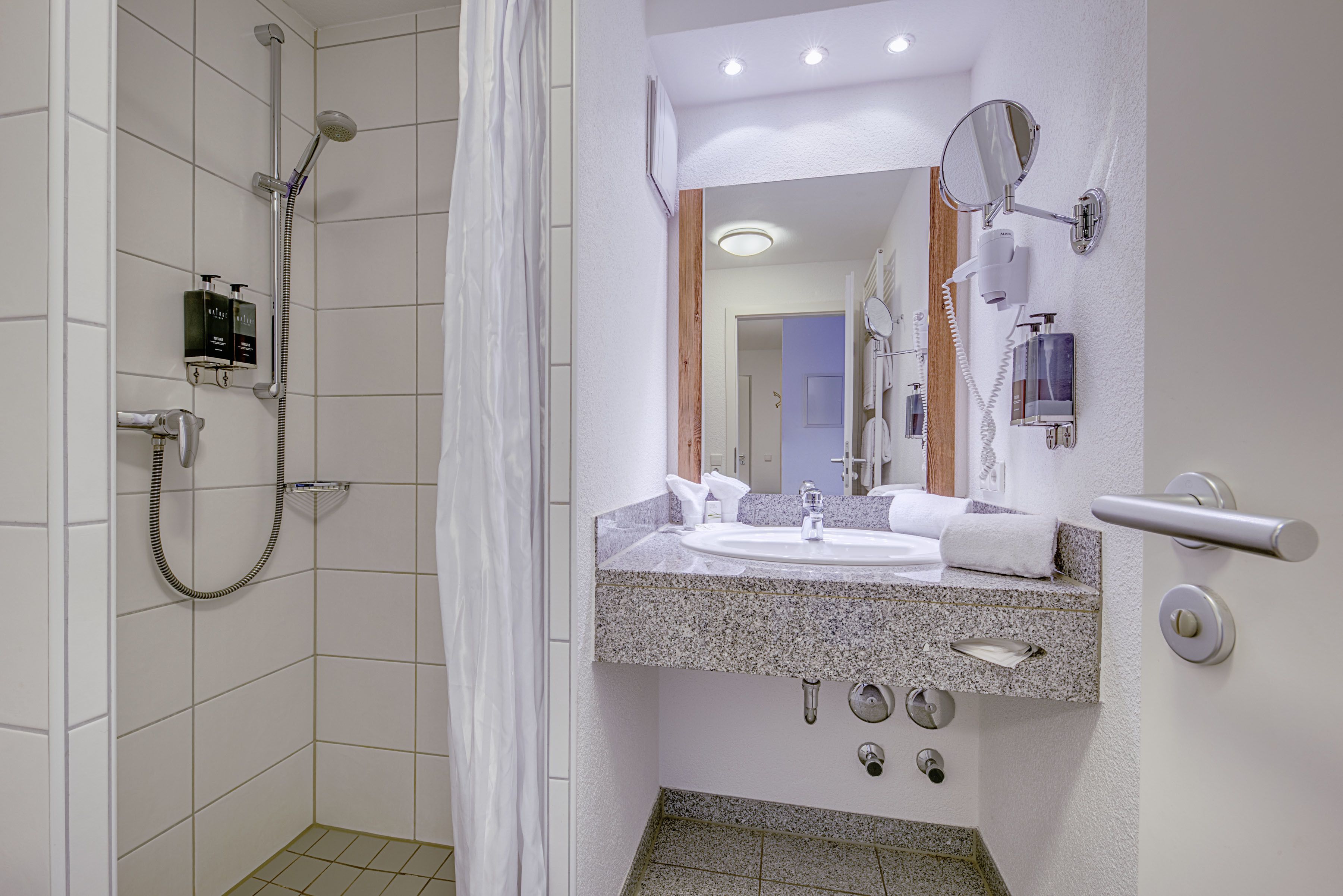 free toiletries, hair dryer, bathrobes, towels