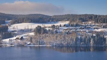 Paisagem de inverno com um lago, árvores cobertas de neve e um conjunto de edifícios com arquitetura tradicional.