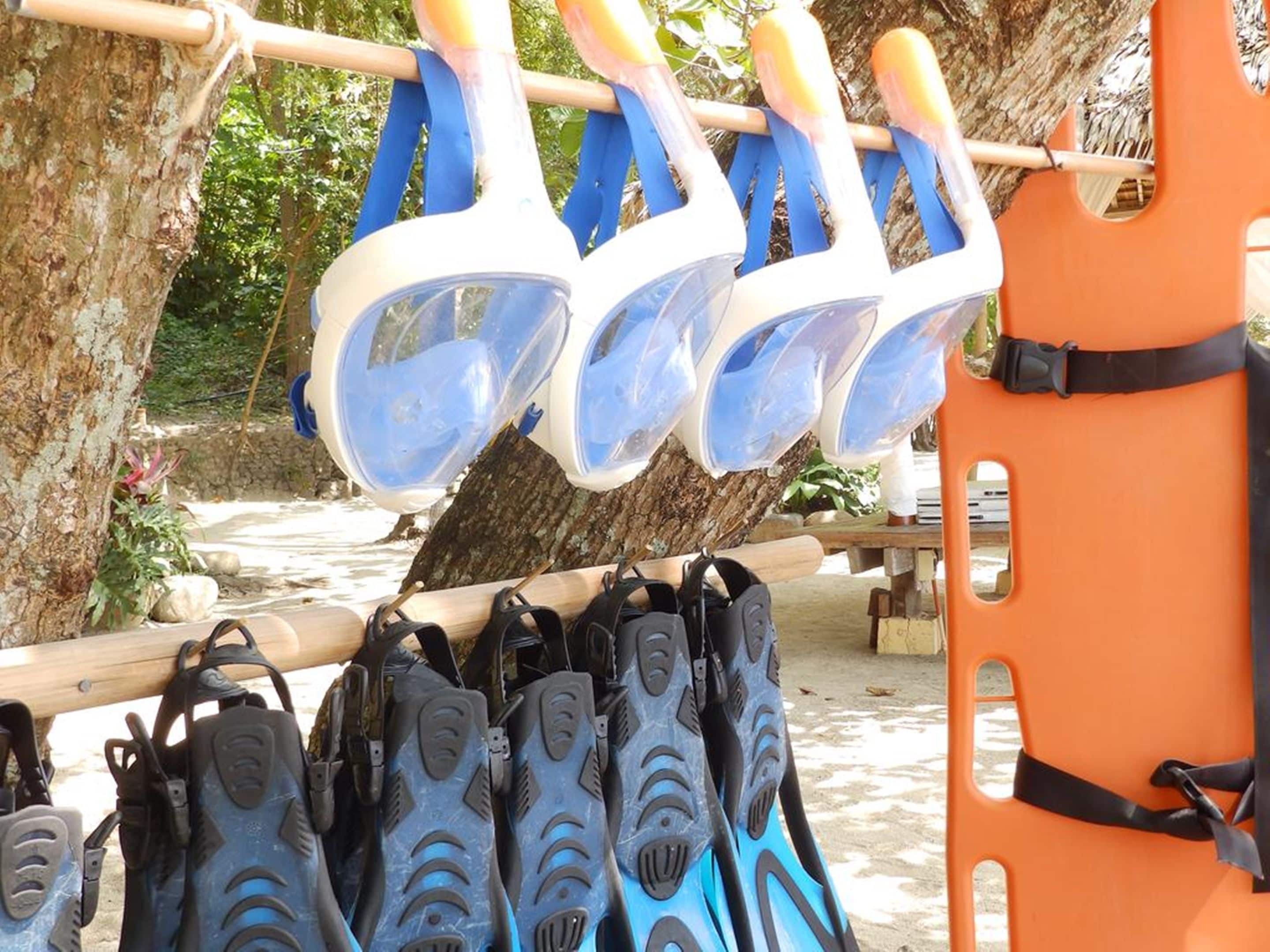 A rack with blue and white diving masks and black diving fins.