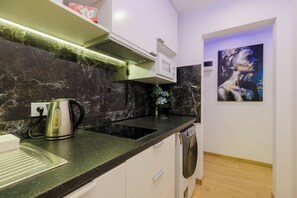 Kühlschrank, Mikrowelle, Herdplatte, Wasserkocher mit Kaffee-/Teezubehör