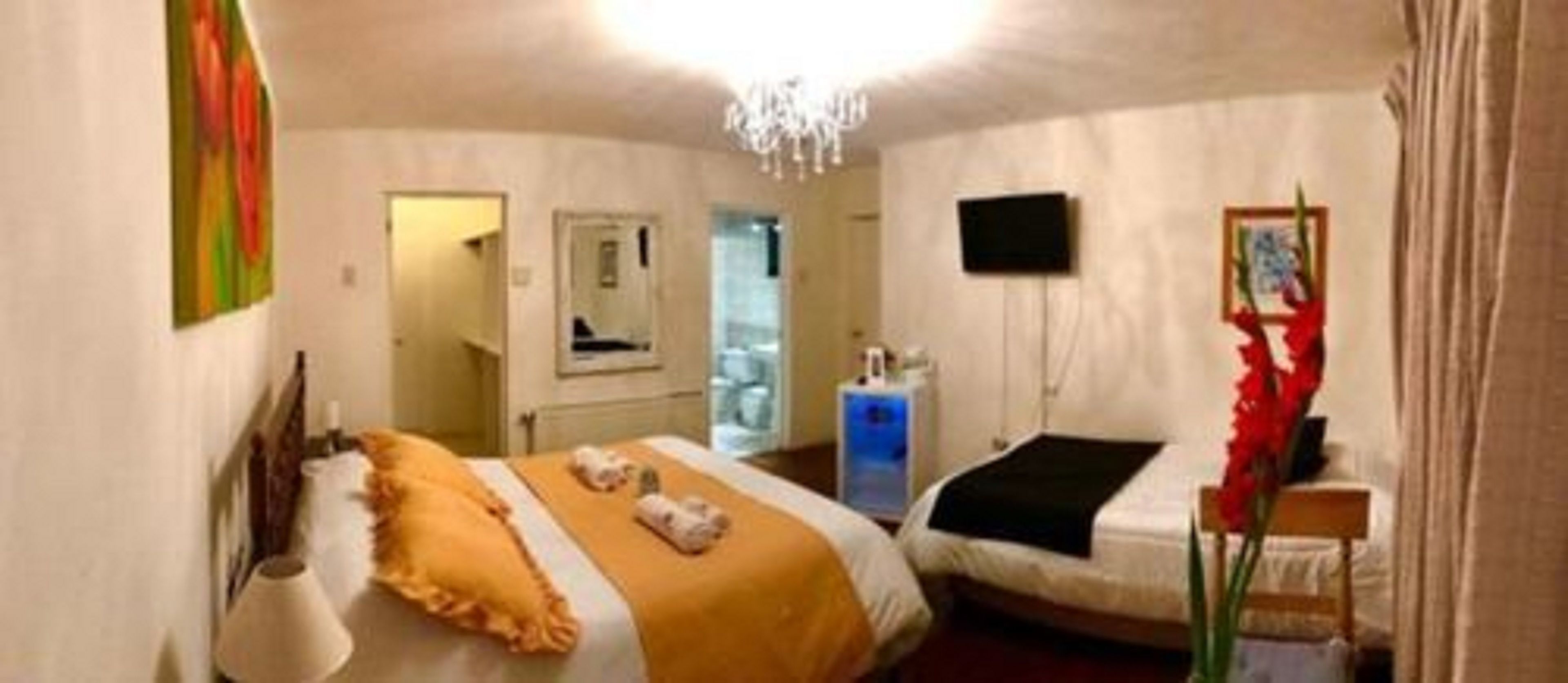 A hotel room with a bed, bedside table, lamp, and a TV on the wall.