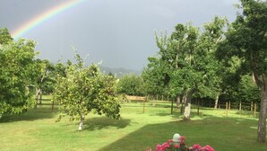 A garden with a rainbow, green grass, and trees. - L'auberge du Mont (Le Breuil-en-Auge)