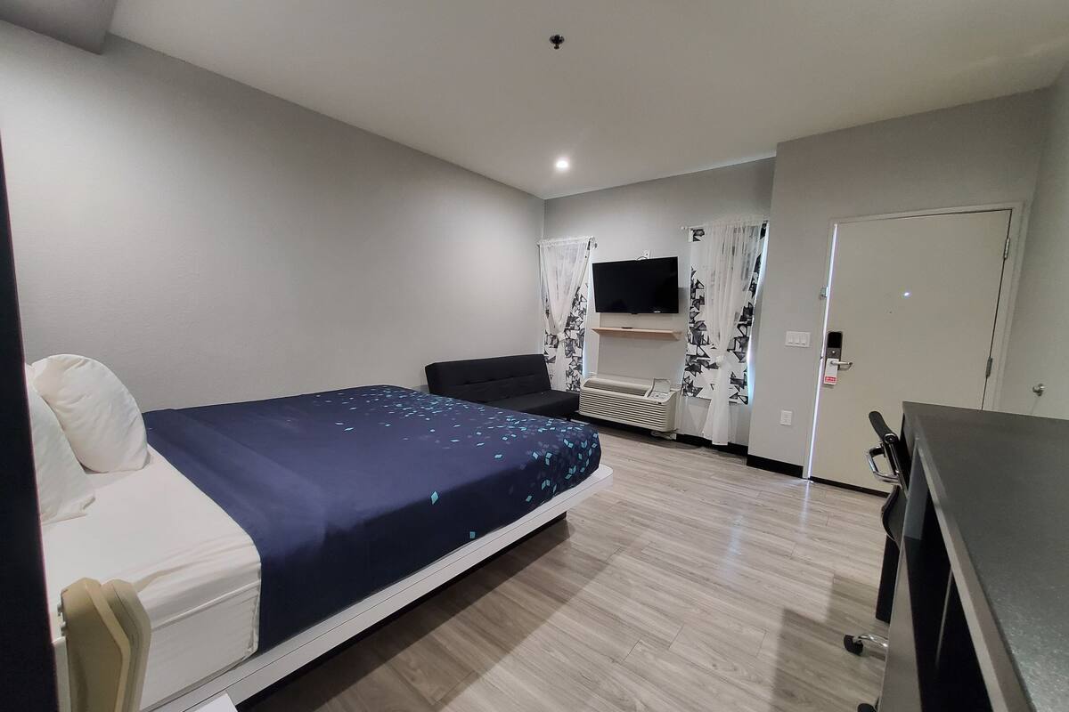 A hotel room with a bed, a desk, a chair, a television, and a door.