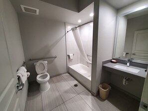 Une salle de bain moderne équipée de toilettes, d’une baignoire et d’un lavabo.