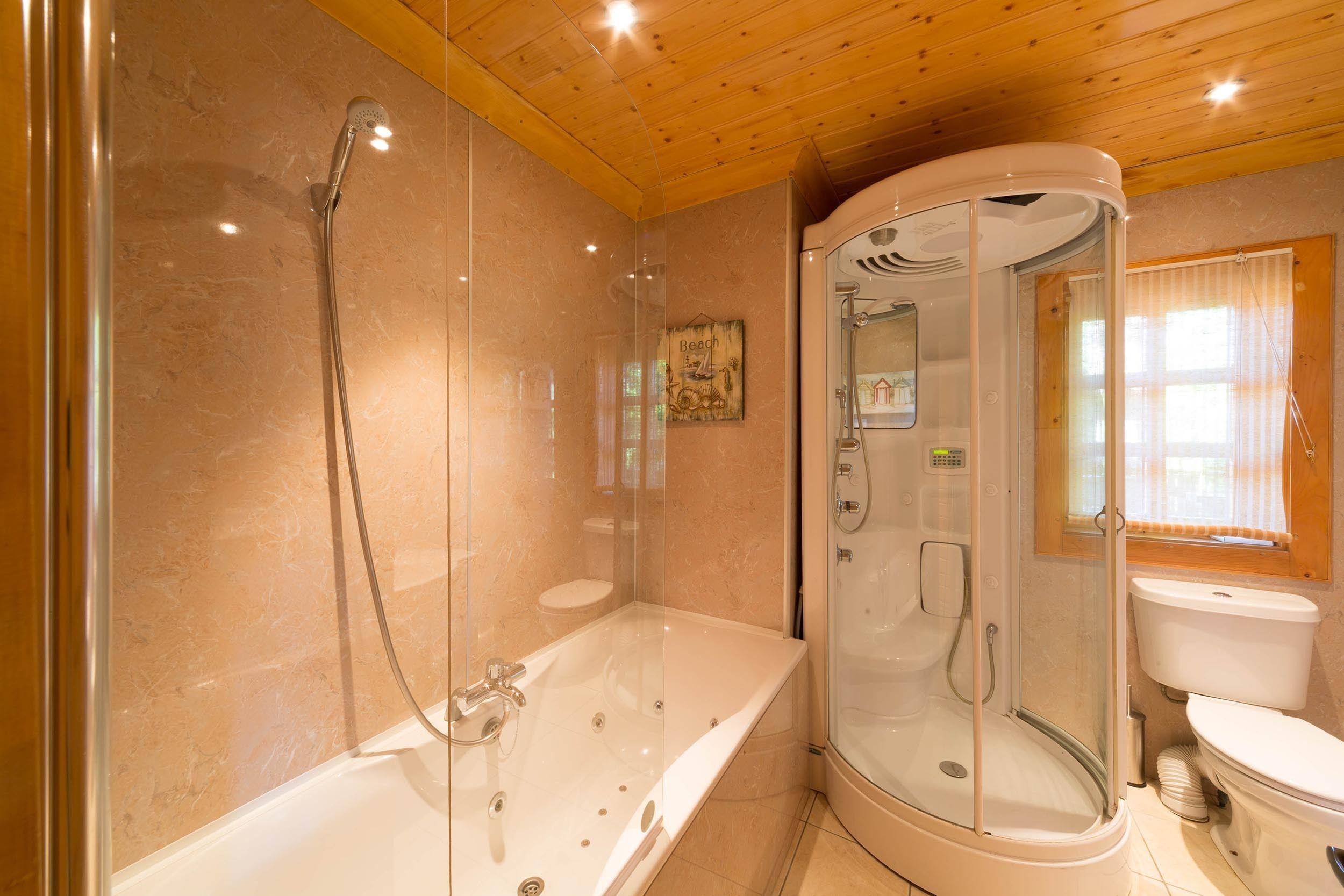 Ein modernes Badezimmer mit einer Duschkabine, einer freistehenden Badewanne und einem WC.
