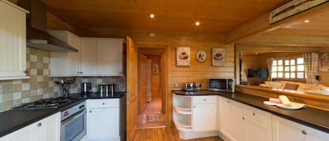 Oaks Log Cabin | Private kitchen | Electric kettle, freezer