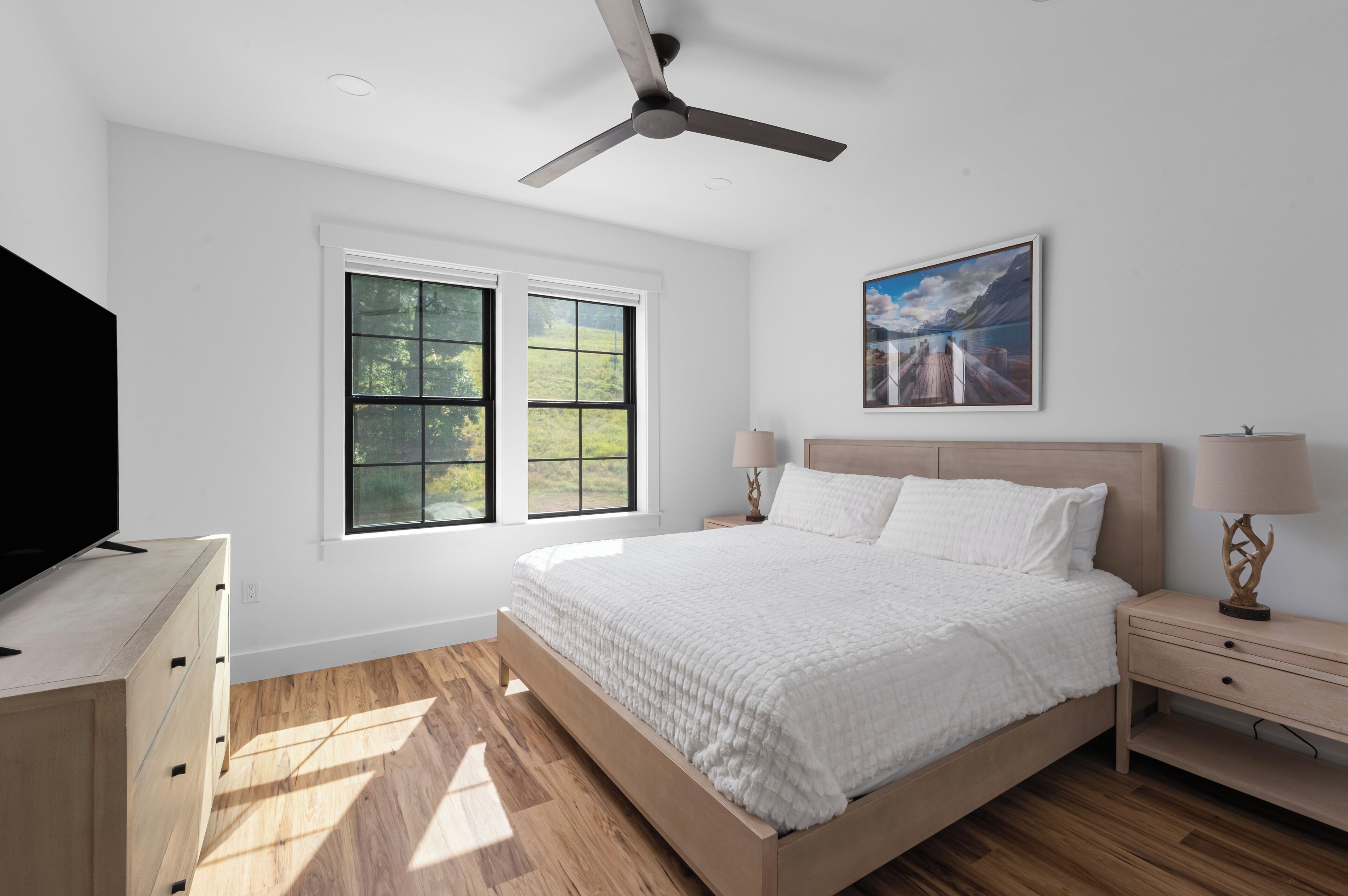 A bedroom with a bed, a ceiling fan, a painting, and a TV on a dresser.