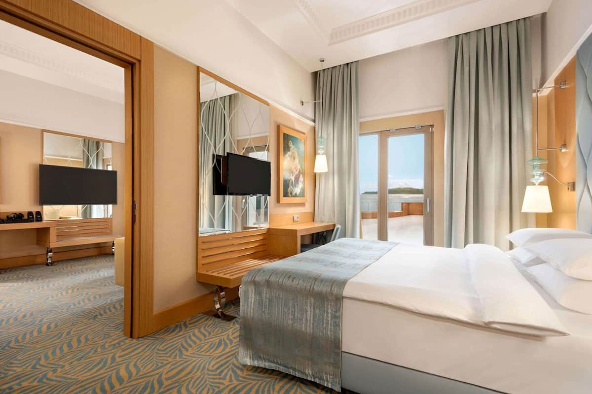 A hotel room with a bed, a desk with a flat-screen TV, a large mirror, and a view of the outdoors.